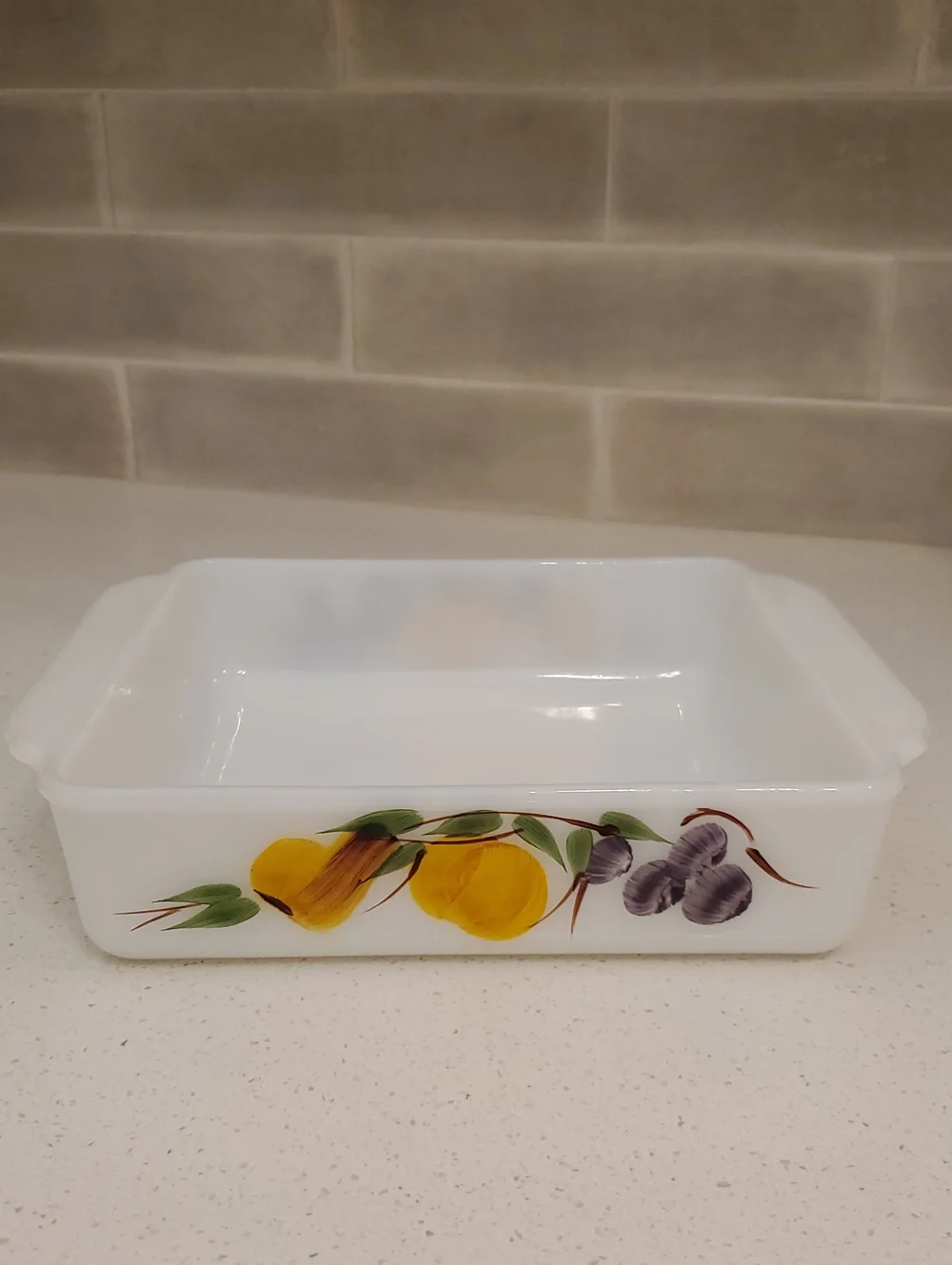 Fire King #452 Square 8” Milk Glass   Hand-Painted Fruit Harvest Gay Fad Studios